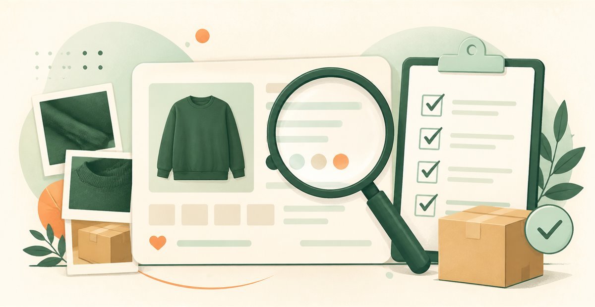 Illustration of reviewing a product listing with a magnifying glass and checklist