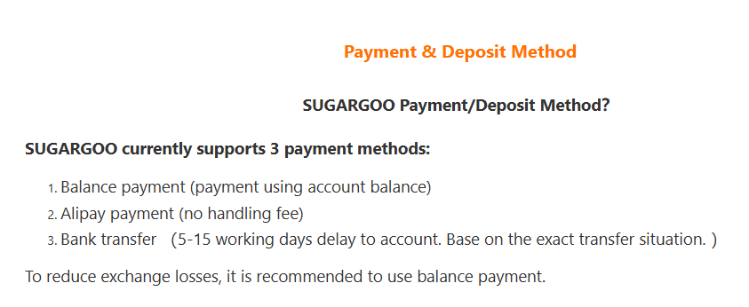 Sugargoo payment and deposit method notice listing balance payment, Alipay and bank transfer