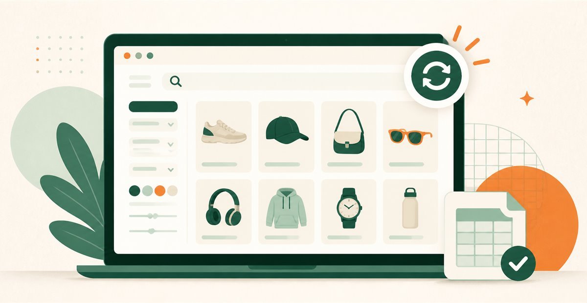 Illustration of a searchable product spreadsheet with filters and product categories